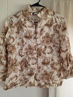Vintage First Option Cottagecore Floral Blouse Tan White Cream Size S